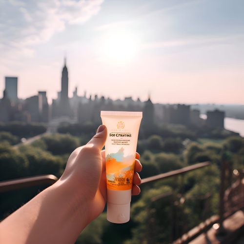 Woman hand holding Sunscreen lotion tube against New York City skyline at sunset